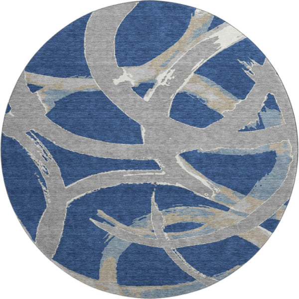 HomeRoots 8' Modern Abstract Washable Round Rug in Navy Blue, Gray & Ivory - UV Protected & Stain Resistant 680262