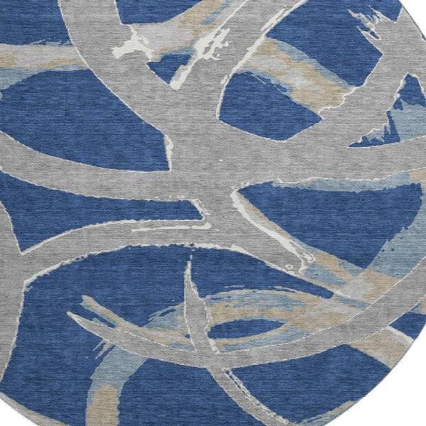 HomeRoots 8' Modern Abstract Washable Round Rug in Navy Blue, Gray & Ivory - UV Protected & Stain Resistant 680262