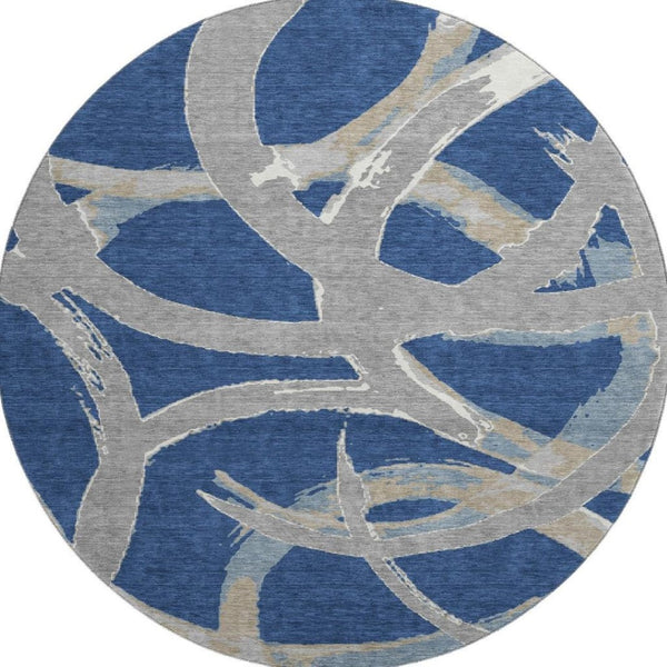 HomeRoots 8' Modern Abstract Washable Round Rug in Navy Blue, Gray & Ivory - UV Protected & Stain Resistant 680262