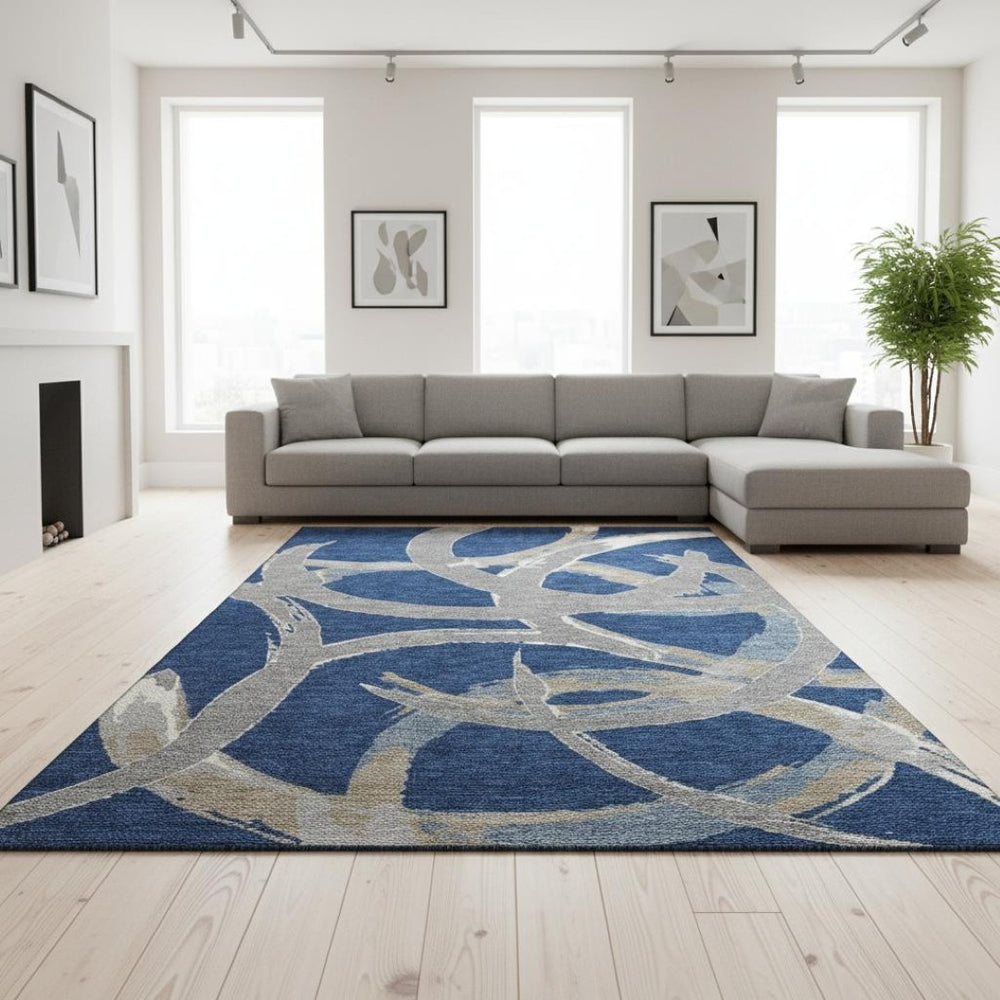 HomeRoots 8' X 10' Navy Gray Ivory Abstract Washable Area Rug – Stylish, Durable, UV-Protected for High-Traffic Homes 680263