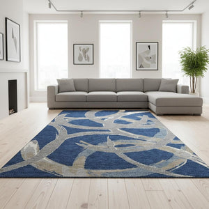 HomeRoots 8' X 10' Navy Gray Ivory Abstract Washable Area Rug – Stylish, Durable, UV-Protected for High-Traffic Homes 680263