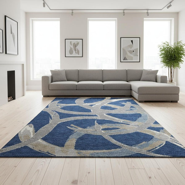 HomeRoots 8' X 10' Navy Gray Ivory Abstract Washable Area Rug – Stylish, Durable, UV-Protected for High-Traffic Homes 680263