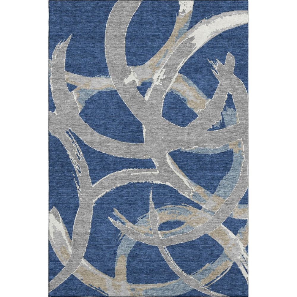 HomeRoots 8' X 10' Navy Gray Ivory Abstract Washable Area Rug – Stylish, Durable, UV-Protected for High-Traffic Homes 680263