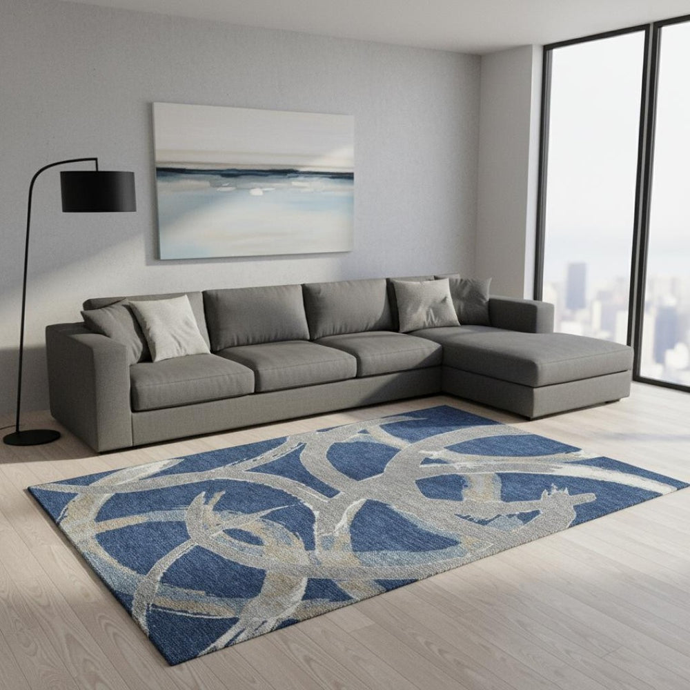 HomeRoots 9' X 12' Navy Blue Gray Ivory Abstract Area Rug - Washable, UV-Protected, Stylish & Durable Design 680264