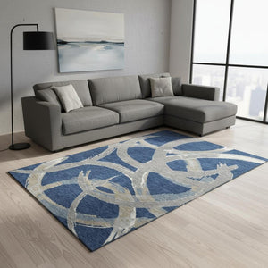 HomeRoots 10' Navy Blue, Gray & Ivory Abstract Washable Area Rug - Stylish, Durable & UV Protected for Homes 680265