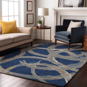HomeRoots 10' Navy Blue, Gray & Ivory Abstract Washable Area Rug - Stylish, Durable & UV Protected for Homes 680265