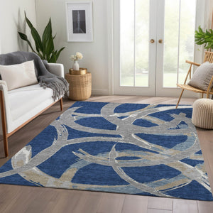 HomeRoots 10' Navy Blue, Gray & Ivory Abstract Washable Area Rug - Stylish, Durable & UV Protected for Homes 680265