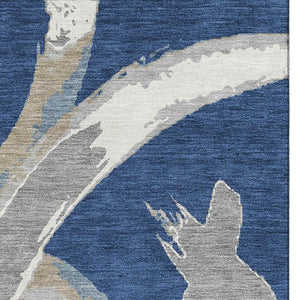 HomeRoots 10' Navy Blue, Gray & Ivory Abstract Washable Area Rug - Stylish, Durable & UV Protected for Homes 680265