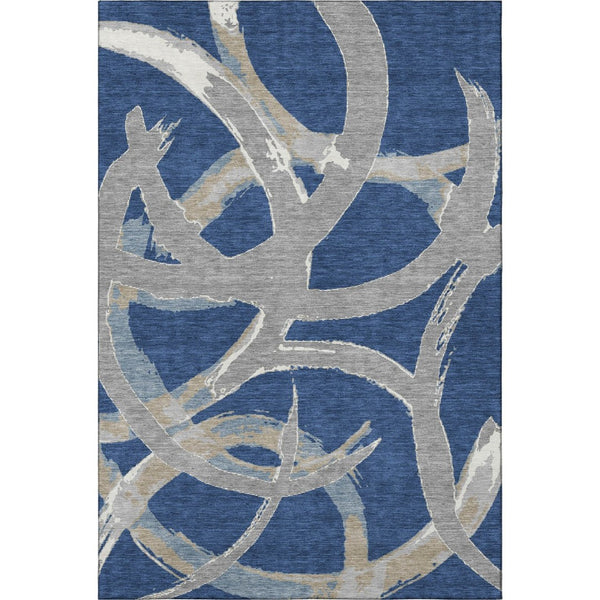 HomeRoots 10' Navy Blue, Gray & Ivory Abstract Washable Area Rug - Stylish, Durable & UV Protected for Homes 680265