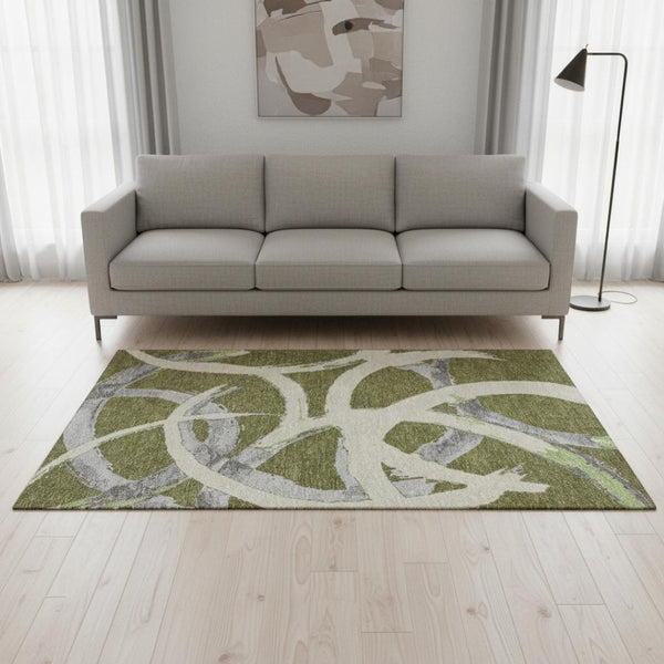 HomeRoots 5' X 8' Abstract Area Rug in Olive Green, Gray, Beige - Washable, UV-Protected, Pet-Friendly Design! 680267