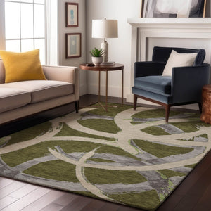 HomeRoots 5' X 8' Abstract Area Rug in Olive Green, Gray, Beige - Washable, UV-Protected, Pet-Friendly Design! 680267