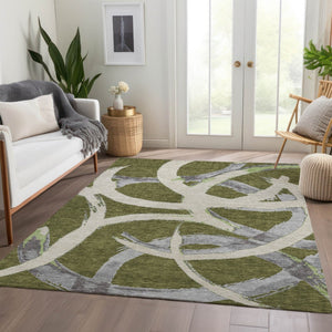 HomeRoots 5' X 8' Abstract Area Rug in Olive Green, Gray, Beige - Washable, UV-Protected, Pet-Friendly Design! 680267