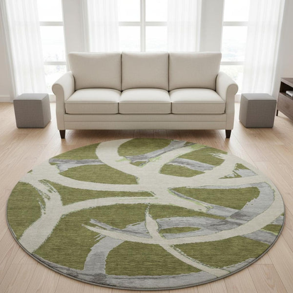 HomeRoots 8' Stylish Abstract Washable Round Rug in Olive Green, Gray & Beige with UV Protection & Durability 680268