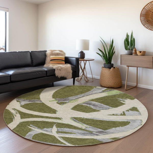 HomeRoots 8' Stylish Abstract Washable Round Rug in Olive Green, Gray & Beige with UV Protection & Durability 680268