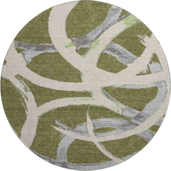 HomeRoots 8' Stylish Abstract Washable Round Rug in Olive Green, Gray & Beige with UV Protection & Durability 680268