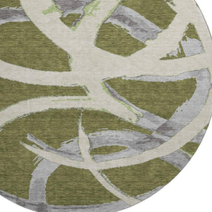 HomeRoots 8' Stylish Abstract Washable Round Rug in Olive Green, Gray & Beige with UV Protection & Durability 680268