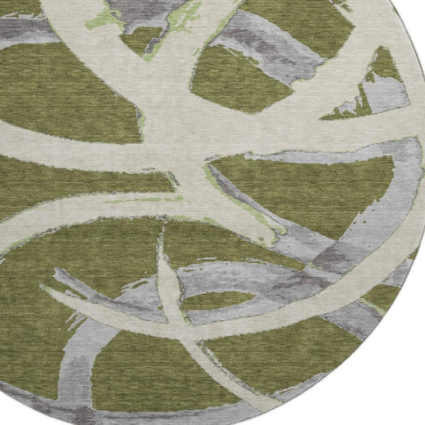 HomeRoots 8' Stylish Abstract Washable Round Rug in Olive Green, Gray & Beige with UV Protection & Durability 680268