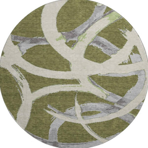 HomeRoots 8' Stylish Abstract Washable Round Rug in Olive Green, Gray & Beige with UV Protection & Durability 680268