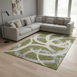 HomeRoots 8' X 10' Modern Abstract Washable Area Rug in Olive Green, Gray & Beige - UV Protected & Durable 680269