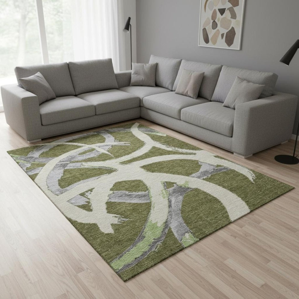 HomeRoots 9' X 12' Olive Green, Gray & Beige Washable Area Rug with UV Protection for Modern Homes & Families 680270