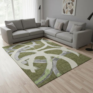HomeRoots 9' X 12' Olive Green, Gray & Beige Washable Area Rug with UV Protection for Modern Homes & Families 680270
