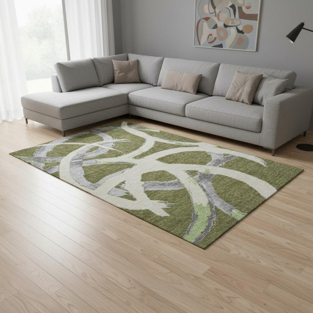 HomeRoots 10' Olive Green Gray Beige Abstract Washable Area Rug - UV Protected, Durable & Easy-Care Design 680271