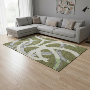 HomeRoots 10' Olive Green Gray Beige Abstract Washable Area Rug - UV Protected, Durable & Easy-Care Design 680271