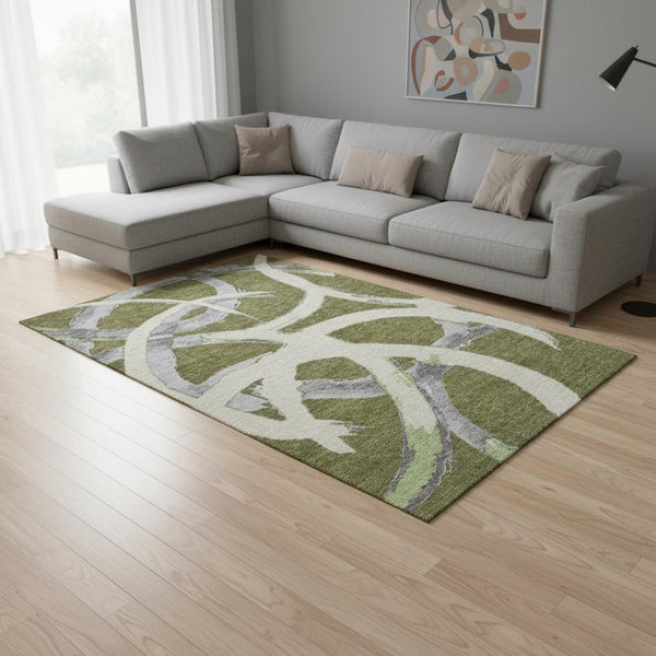 HomeRoots 10' Olive Green Gray Beige Abstract Washable Area Rug - UV Protected, Durable & Easy-Care Design 680271