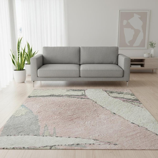 HomeRoots 5' X 8' Washable Pink Ivory Gray Abstract Area Rug with UV Protection for Stylish Home Décor 680273