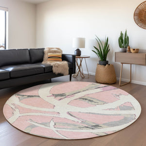 HomeRoots 8' Stylish Pink Ivory Gray Abstract Washable Round Rug with UV Protection for Kids & Pets Homes 680274