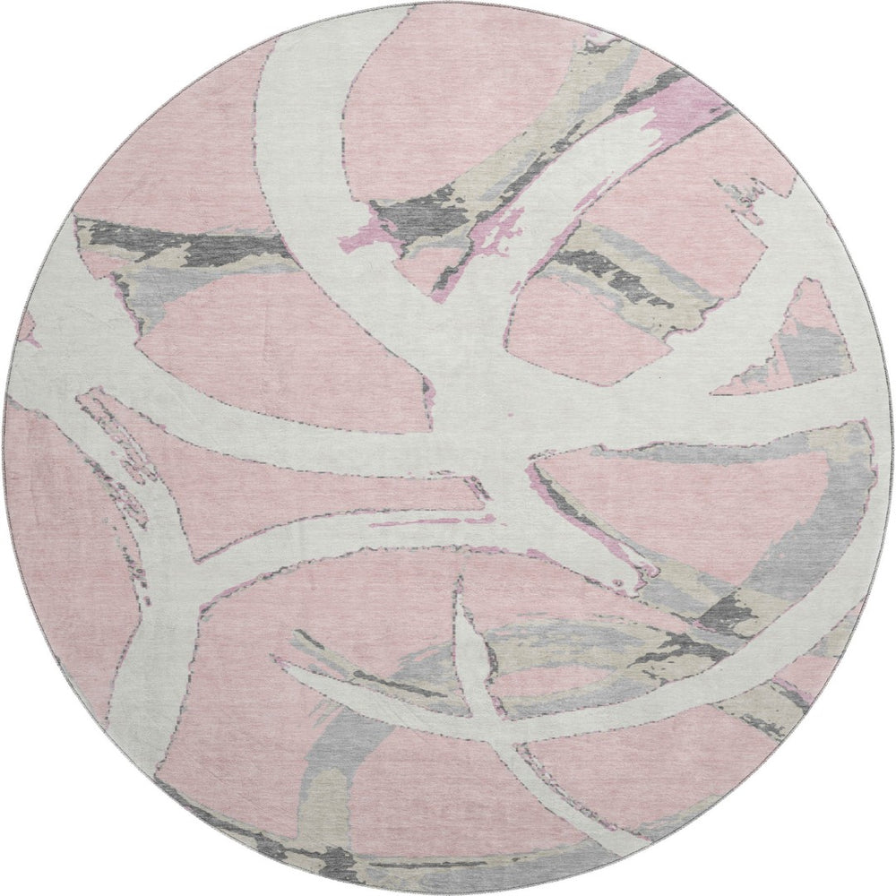 HomeRoots 8' Stylish Pink Ivory Gray Abstract Washable Round Rug with UV Protection for Kids & Pets Homes 680274