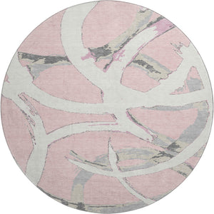 HomeRoots 8' Stylish Pink Ivory Gray Abstract Washable Round Rug with UV Protection for Kids & Pets Homes 680274