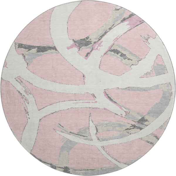 HomeRoots 8' Stylish Pink Ivory Gray Abstract Washable Round Rug with UV Protection for Kids & Pets Homes 680274