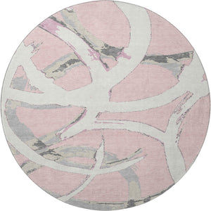 HomeRoots 8' Stylish Pink Ivory Gray Abstract Washable Round Rug with UV Protection for Kids & Pets Homes 680274