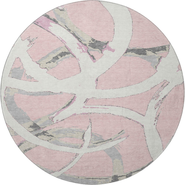 HomeRoots 8' Stylish Pink Ivory Gray Abstract Washable Round Rug with UV Protection for Kids & Pets Homes 680274