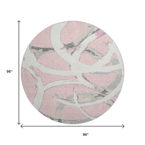 HomeRoots 8' Stylish Pink Ivory Gray Abstract Washable Round Rug with UV Protection for Kids & Pets Homes 680274