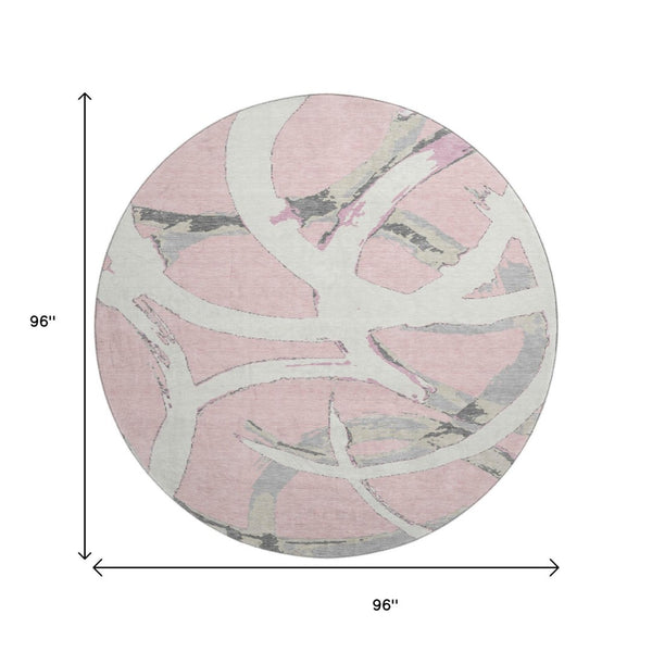 HomeRoots 8' Stylish Pink Ivory Gray Abstract Washable Round Rug with UV Protection for Kids & Pets Homes 680274