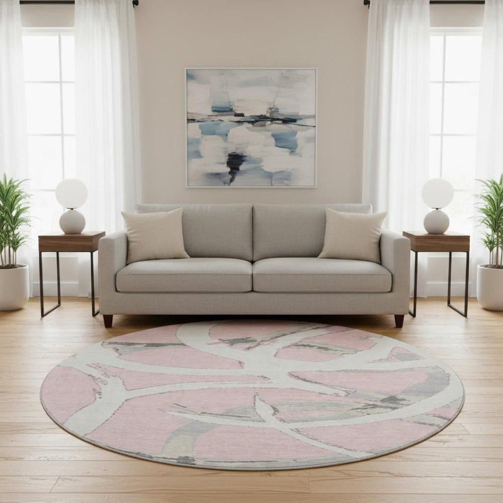 HomeRoots 8' Stylish Pink Ivory Gray Abstract Washable Round Rug with UV Protection for Kids & Pets Homes 680274