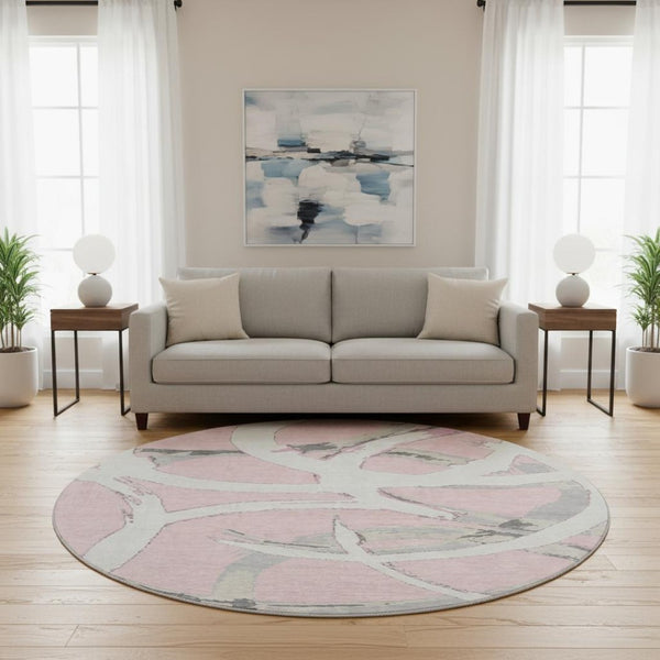 HomeRoots 8' Stylish Pink Ivory Gray Abstract Washable Round Rug with UV Protection for Kids & Pets Homes 680274