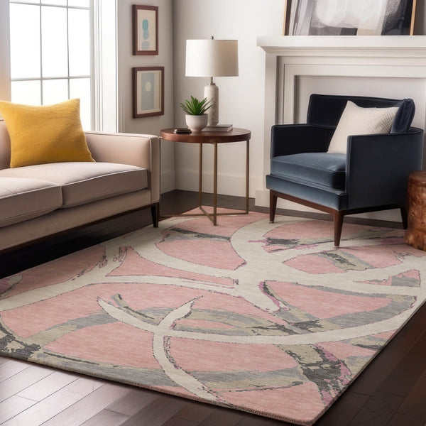 HomeRoots 10' X 14' Pink Ivory Gray Abstract Washable Area Rug – Stylish, Durable, UV-Protected for Busy Homes! 680277