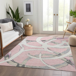 HomeRoots 10' X 14' Pink Ivory Gray Abstract Washable Area Rug – Stylish, Durable, UV-Protected for Busy Homes! 680277