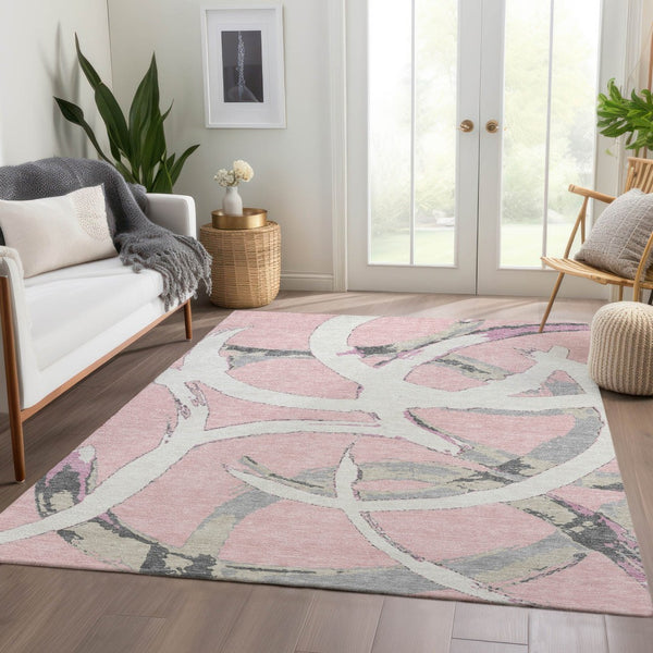 HomeRoots 10' X 14' Pink Ivory Gray Abstract Washable Area Rug – Stylish, Durable, UV-Protected for Busy Homes! 680277