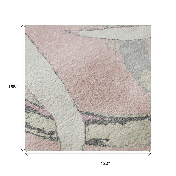 HomeRoots 10' X 14' Pink Ivory Gray Abstract Washable Area Rug – Stylish, Durable, UV-Protected for Busy Homes! 680277