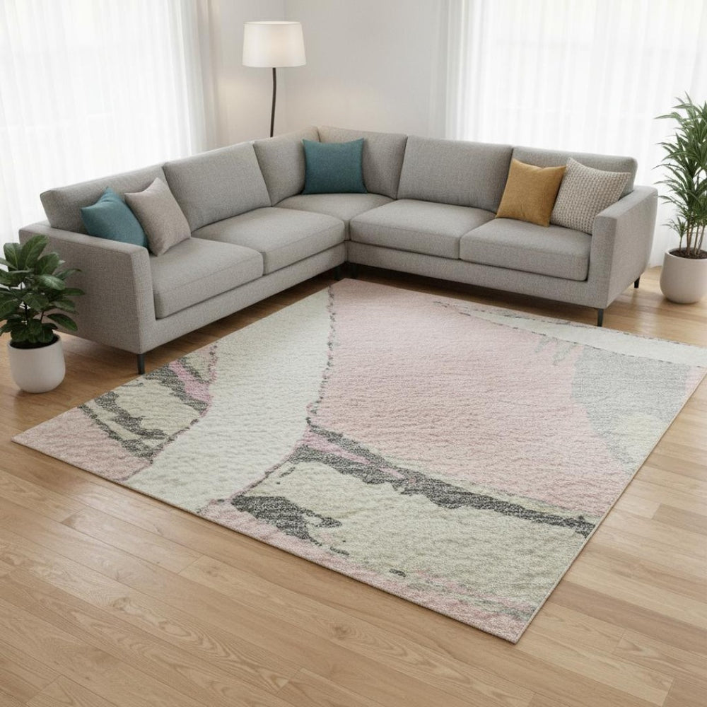 HomeRoots 10' X 14' Pink Ivory Gray Abstract Washable Area Rug – Stylish, Durable, UV-Protected for Busy Homes! 680277