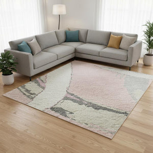 HomeRoots 10' X 14' Pink Ivory Gray Abstract Washable Area Rug – Stylish, Durable, UV-Protected for Busy Homes! 680277