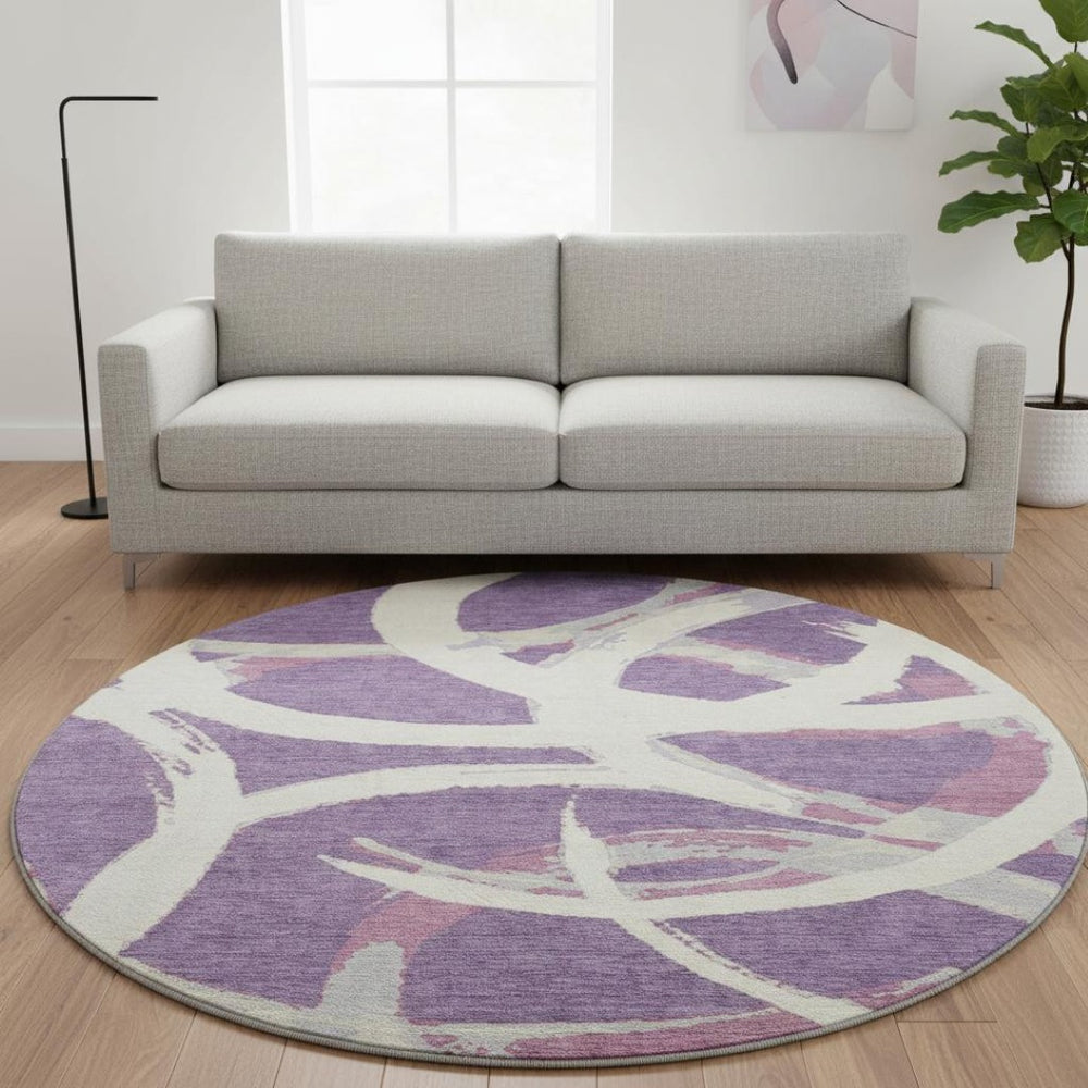 HomeRoots 8' Washable Round Rug in Purple Ivory & Blush - UV Protected, Stain Resistant, Modern Abstract Design 680280