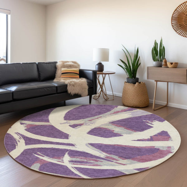 HomeRoots 8' Washable Round Rug in Purple Ivory & Blush - UV Protected, Stain Resistant, Modern Abstract Design 680280