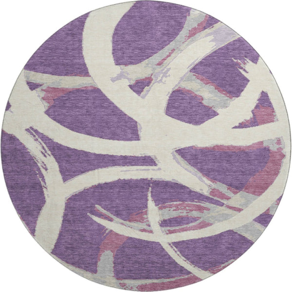 HomeRoots 8' Washable Round Rug in Purple Ivory & Blush - UV Protected, Stain Resistant, Modern Abstract Design 680280