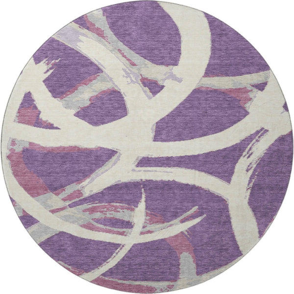 HomeRoots 8' Washable Round Rug in Purple Ivory & Blush - UV Protected, Stain Resistant, Modern Abstract Design 680280