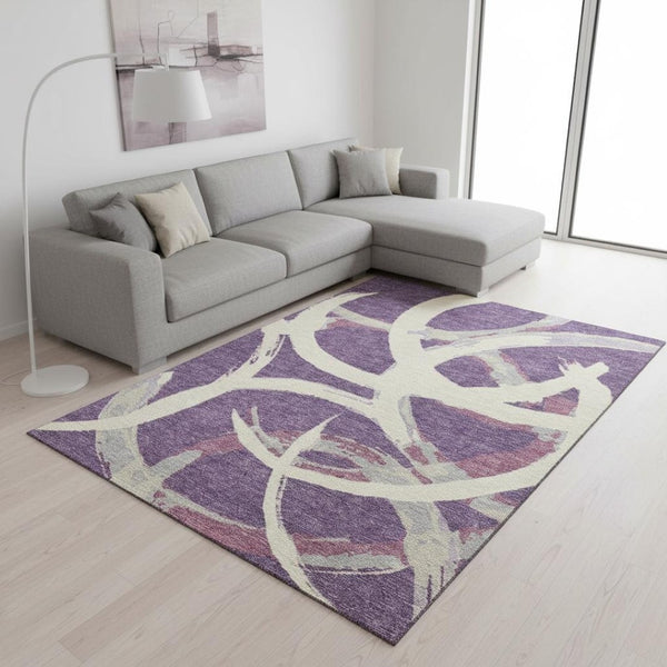 HomeRoots 8' X 10' Abstract Area Rug in Purple, Ivory & Blush - Washable, UV Protected & Stain Resistant Design! 680281